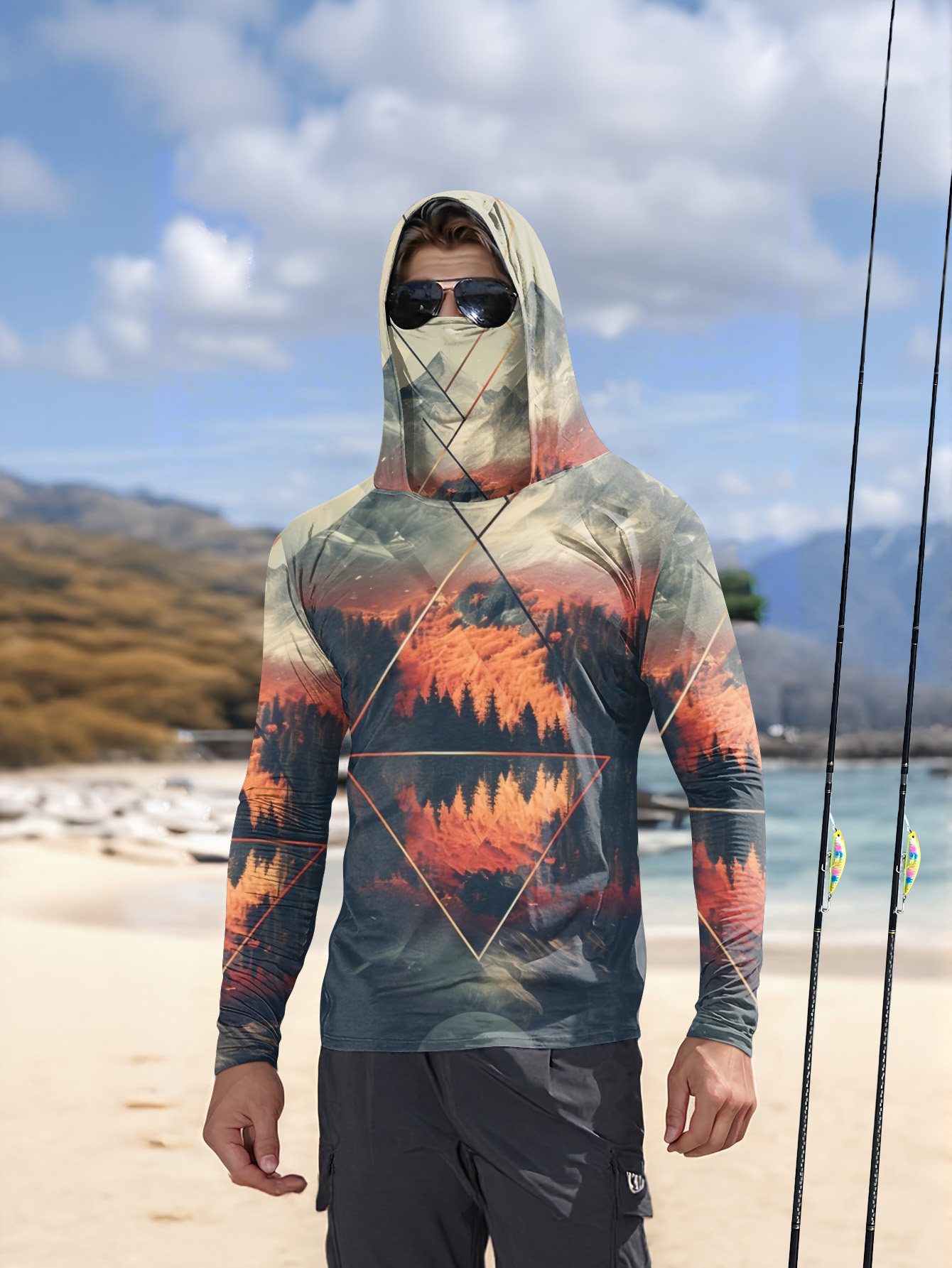 Fishing Hoodie - アウトドアメンズフィッシングフーディー、内蔵フェイスマスク、山の風景プリント、UPF 50、日焼け防止、速乾性、長袖フィッシングシャツ