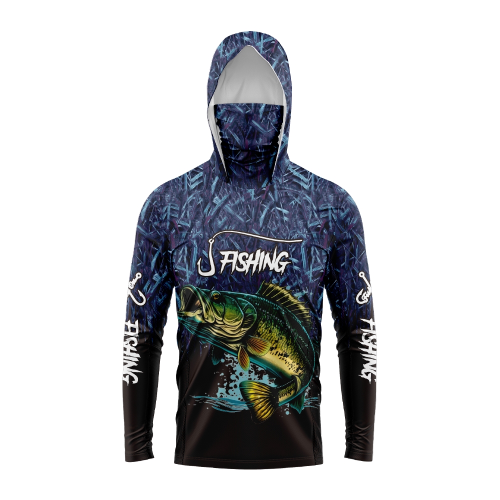 Fishing Hoodie - 男性バスフィッシュプリント釣り用パーカー フェイスマスク付き 保護機能付き 速乾性 通気性 長袖