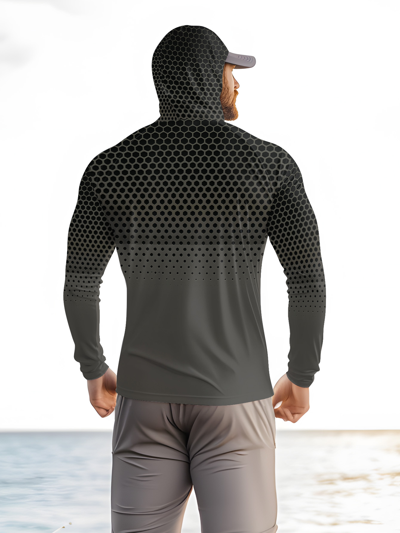 グレーグラデーションハニカムメンズフィッシングフード付きシャ - Fishing Hoodie のレビューと価格